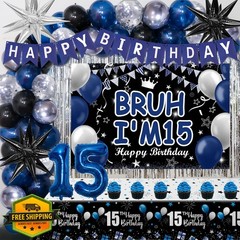 TOUPONS Blue 15th Birthday Decorations Bruh I’m 15