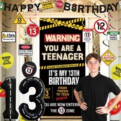 13th Birthday Decorations Boys Girls, Black Happy 13th Birthday Banner Backdr…