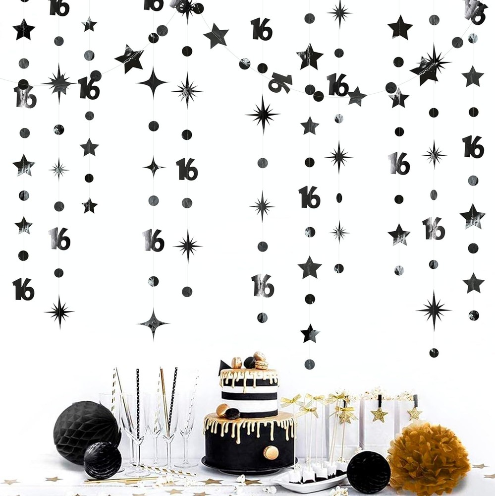 Black Number 16 Circle Dot Twinkle Star Garland Metallic Streamer