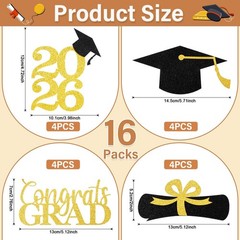 16 Pcs Graduation Decoration 2026 Centerpieces Sticks Gold Black Double Side