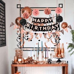 Complete Rose Gold & Black Birthday Party Set with Swirls and Honeycomb Balls