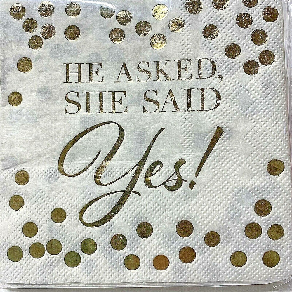 He Asked, She Said Yes! Beverage Napkins (16 ct) 9.75×9.75″ (24.7cmx24.7cm)