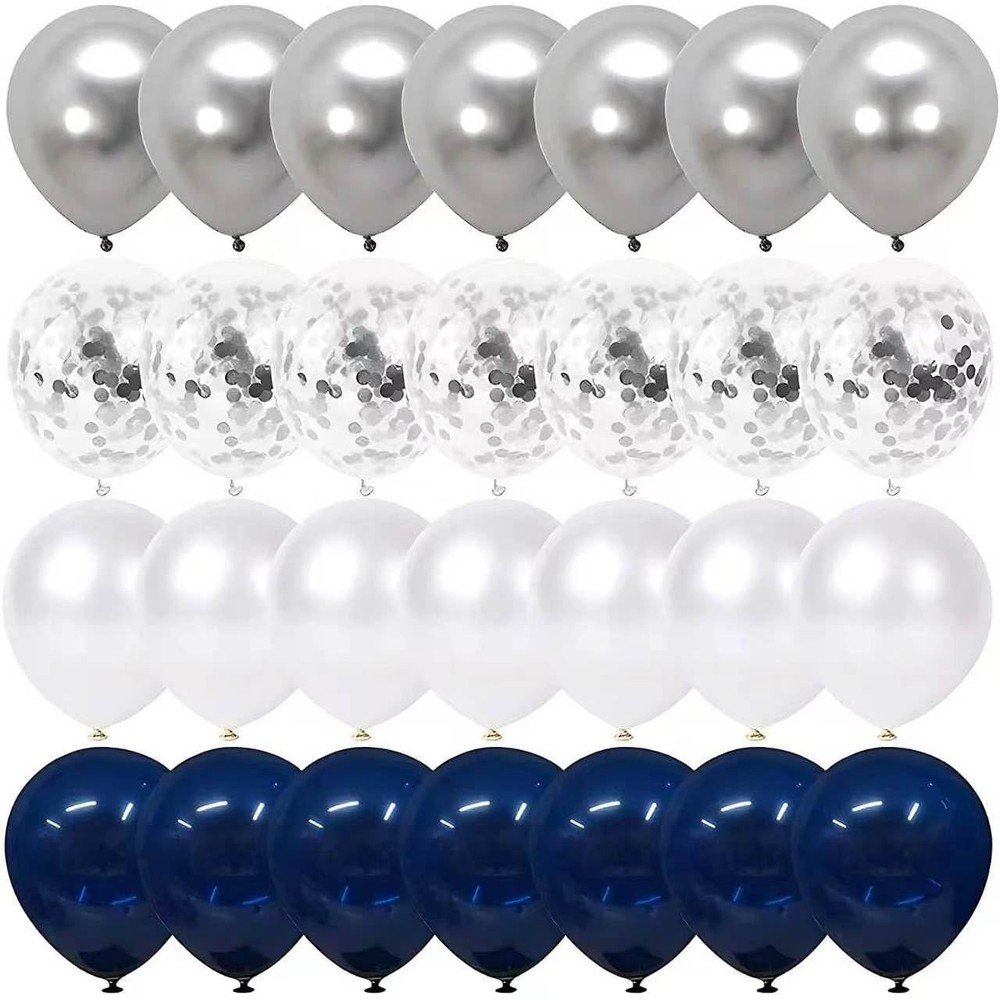 Navy Blue and Silver Confetti Balloons 50 pcs, 12 inch White Pearl and Silver…