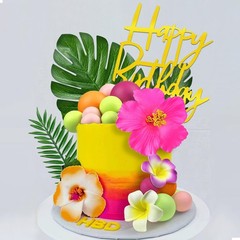 36pcs Hawaiian Flower Cake Topper with Palm Leaves and Summer Flowers Suitabl…
