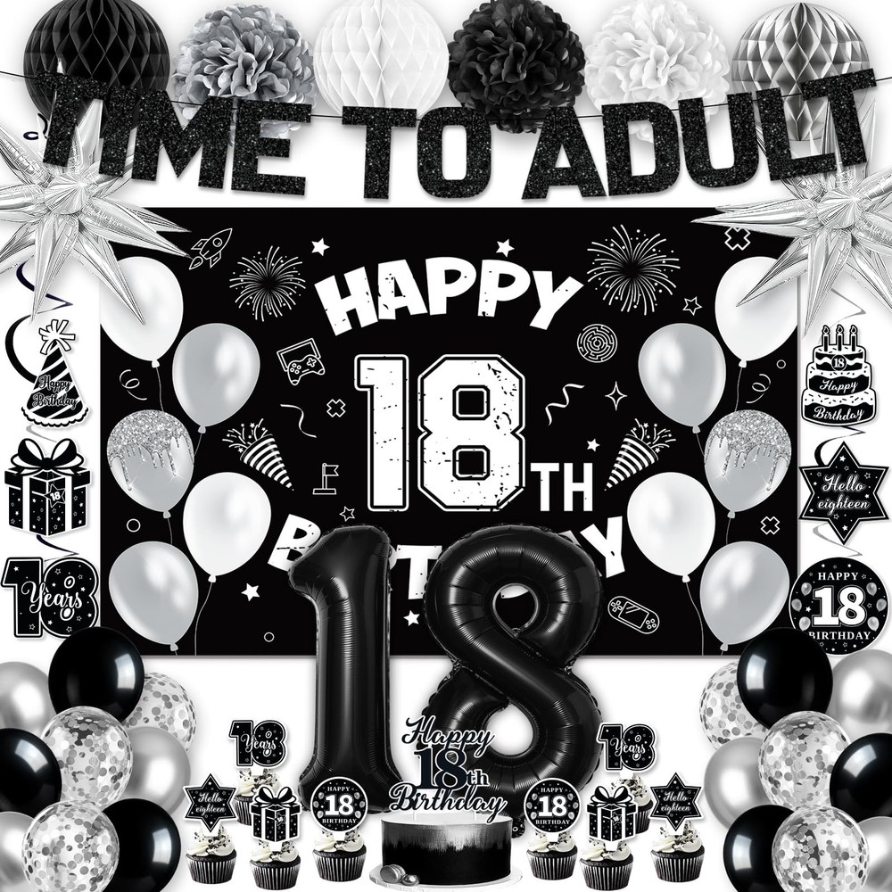 18Th Birthday Decorations for Boys Girls, Black 18Th Birthday Supplies Include T