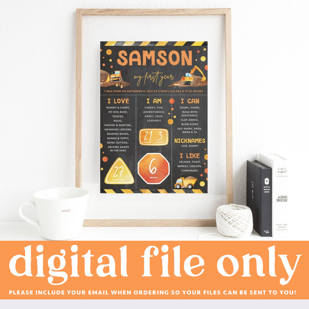 Printable First Birthday Construction Milestone Board Digger Themed 1st Party