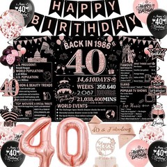 40th Birthday Decorations for Women – Rose Gold & Black Banner, Balloons, Cake T