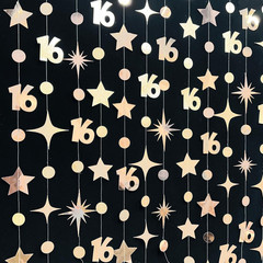 Champagne Gold Number 16 Circle Dot Twinkle Star Garland Streamer Bunting Banner