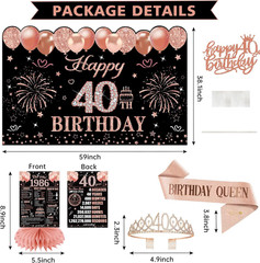 40Th Birthday Decorations for Women Black Rose Gold, 40Th Birthday Crown and Sas