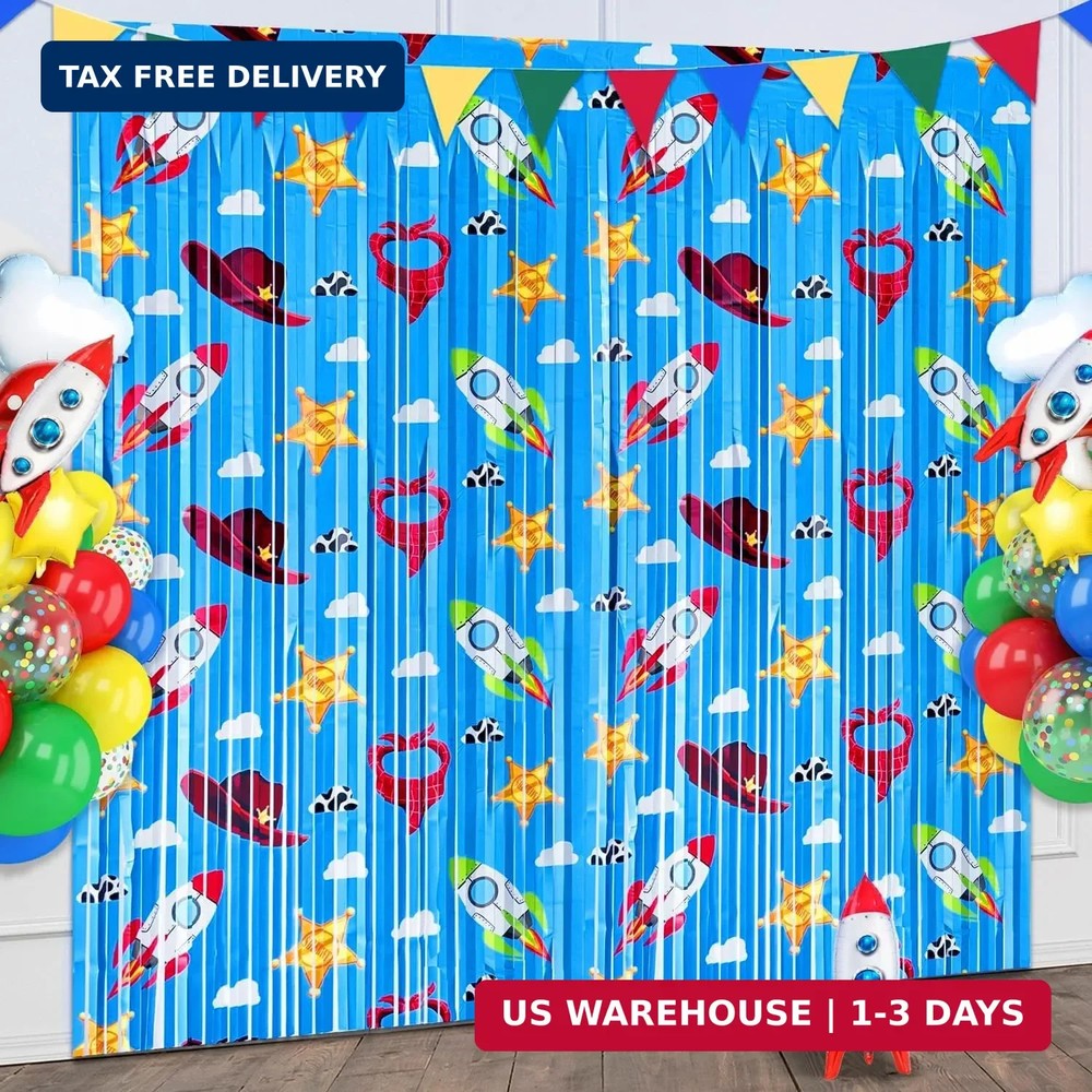 Toy Birthday Party Backdrop, 2 Pack Toy Theme Foil Fringe Curtains for Kids Birt