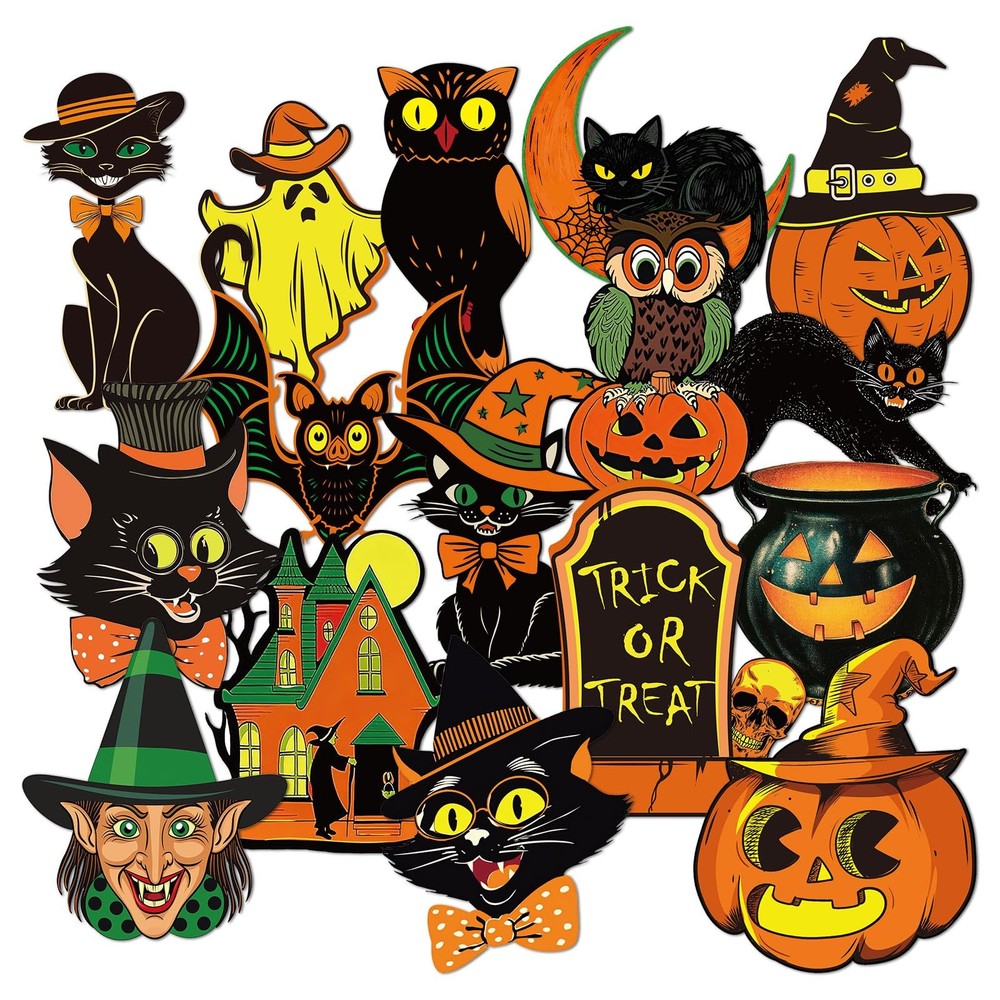 JarThenaAMCS 48 Pcs Vintage Halloween Cutouts Retro Pumpkin Witch Cat Cut-Out