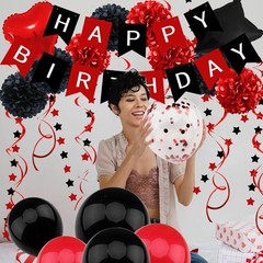Vibrant Black & Red Birthday Decorations: Balloons, Pompoms & Garland Included