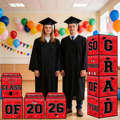 Red and Black Graduation Decorations 2026, 4Pcs Graduation Balloon Boxes with Le