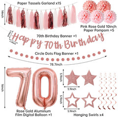 13Pcs 70Th Birthday Decorations for Girls, Pink Rose Gold Happy 70Th Birthday Ba