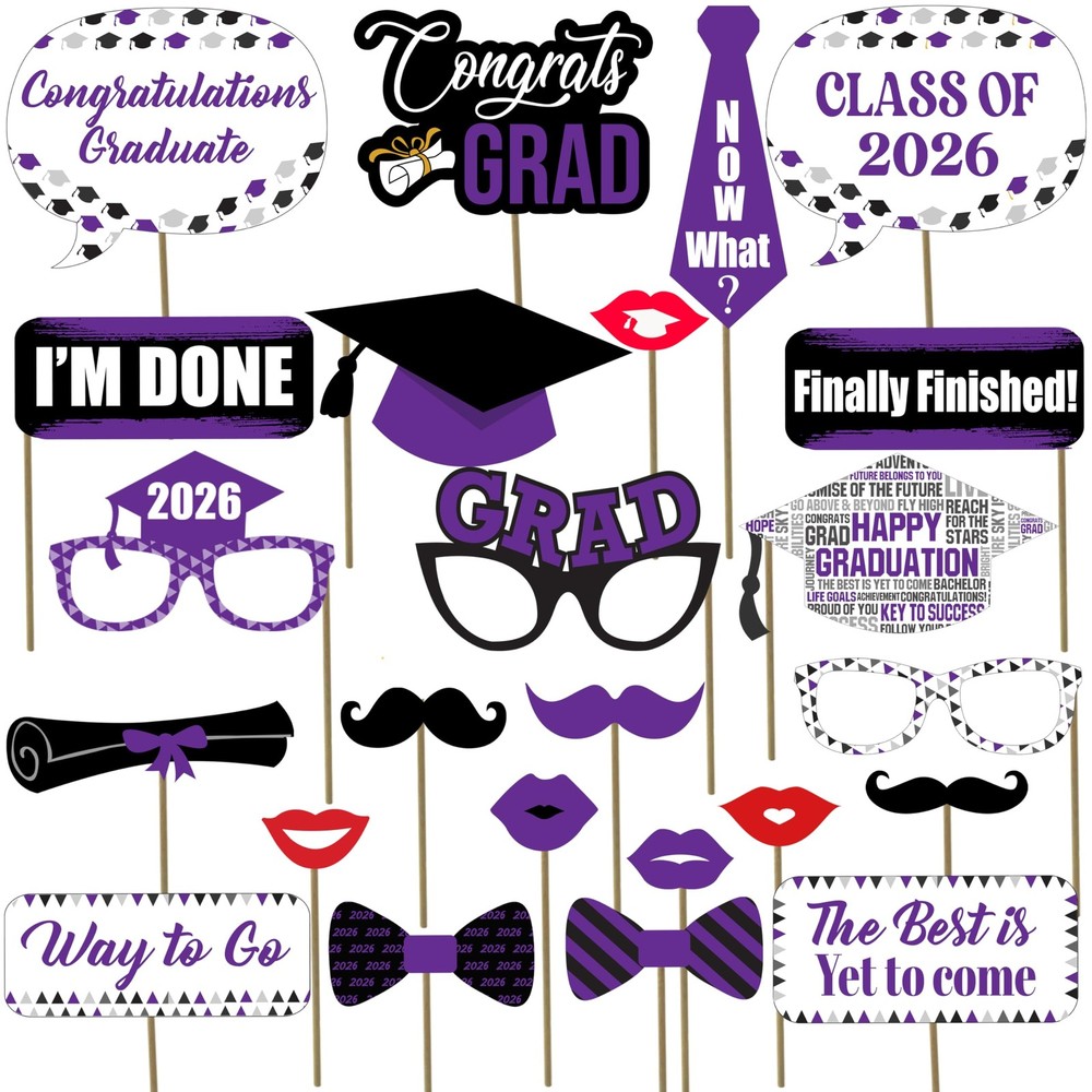 , Purple Graduation Photo Booth Props 2026 – Pack of 24 | Purple Graduation P…