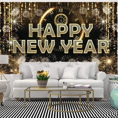 Happy New Year Banner Extra Large Fabric Sign Black Firework Party Decor