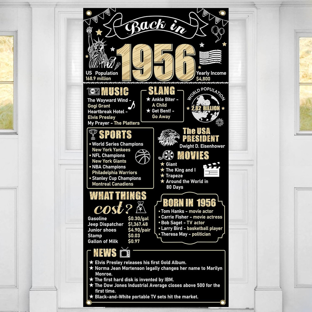 70Th Birthday Decorations Back in 1956 Door Banner for Men Women, Black Gold Hap