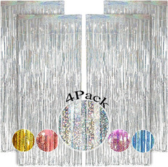 4 Pack Blue Fringe Backdrop 12.8X8.2 Feet Sparkle Metallic Tinsel Foil Fringe Cu