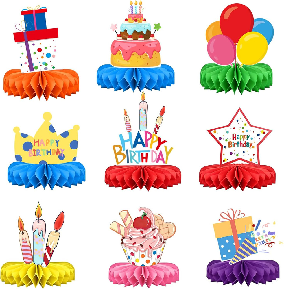 9 Pieces Happy Birthday Table Decorations, Colorful Birthday Honeycomb Centerpie