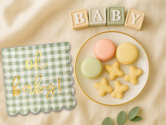 Oh Baby’ Baby Shower Decorations, 50 Pack, Gold Oh Baby Napkins in Plaid Sage