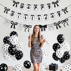 Bow Happy Banner Decorations,Cute Black and White Polka Dot Theme Brithday De…