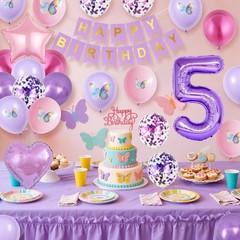 5th Pink Purple Decorations,Pink Purple 5th Balloons for Girls Lavender Party…