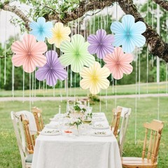 Pastel Paper Flowers Wall Decor Hanging Fans Floral Backdrop Party Wedding Art