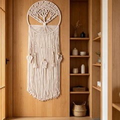 White Bohemian Dreamcatcher Tapestry Handwoven Cotton Wall Hanging 30x90cm