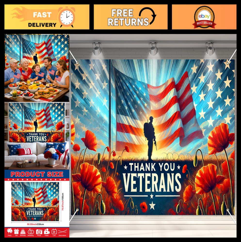 Patriotic Thank You Veterans Backdrop 8x6ft Banner for 4th of July & Memorial Da
