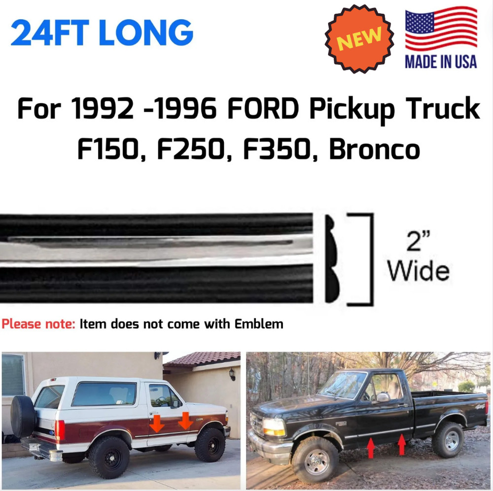 Black Chrome Side Body Trim Molding for 92-96 F150 F250 F350 Bronco Pickup Truck