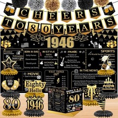 80th Birthday Decorations Kit Black Gold Back in 1946 Banner Set for Men Women