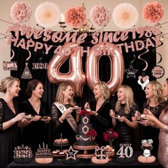 40th Birthday Decorations Kit for Women, Rose Gold Happy 40th Birthday Banner, A