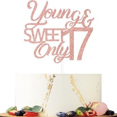 Glitter Young And Sweet Only 17 Cake Topper Rose Gold Birthday Party Decoration
