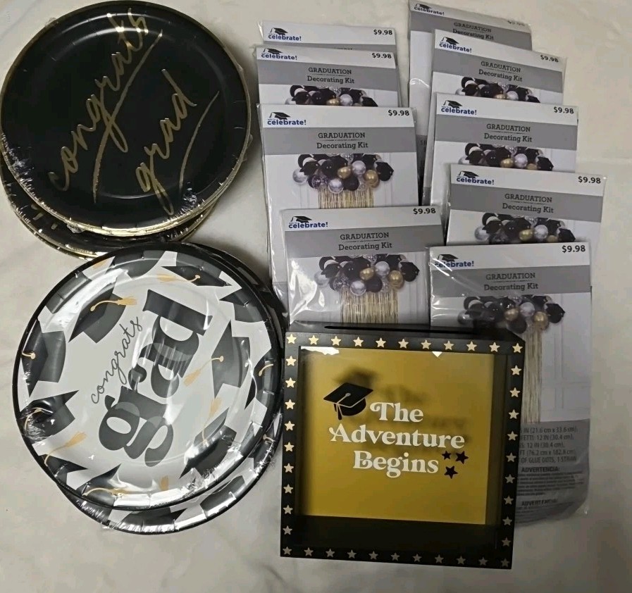 Grad Party Decor Bundle, Black And Gold, Plates, Balloon Kits, Card Box