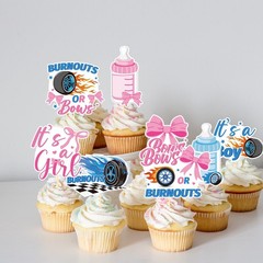 40 PCS Burnouts Or Bows Gender Reveal Cupcake Toppers Picks Party Decoration