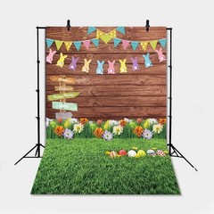 Spring Easter Photography Backdrop Wooden Board Green Grass Flower Egg 7ft x 5ft
