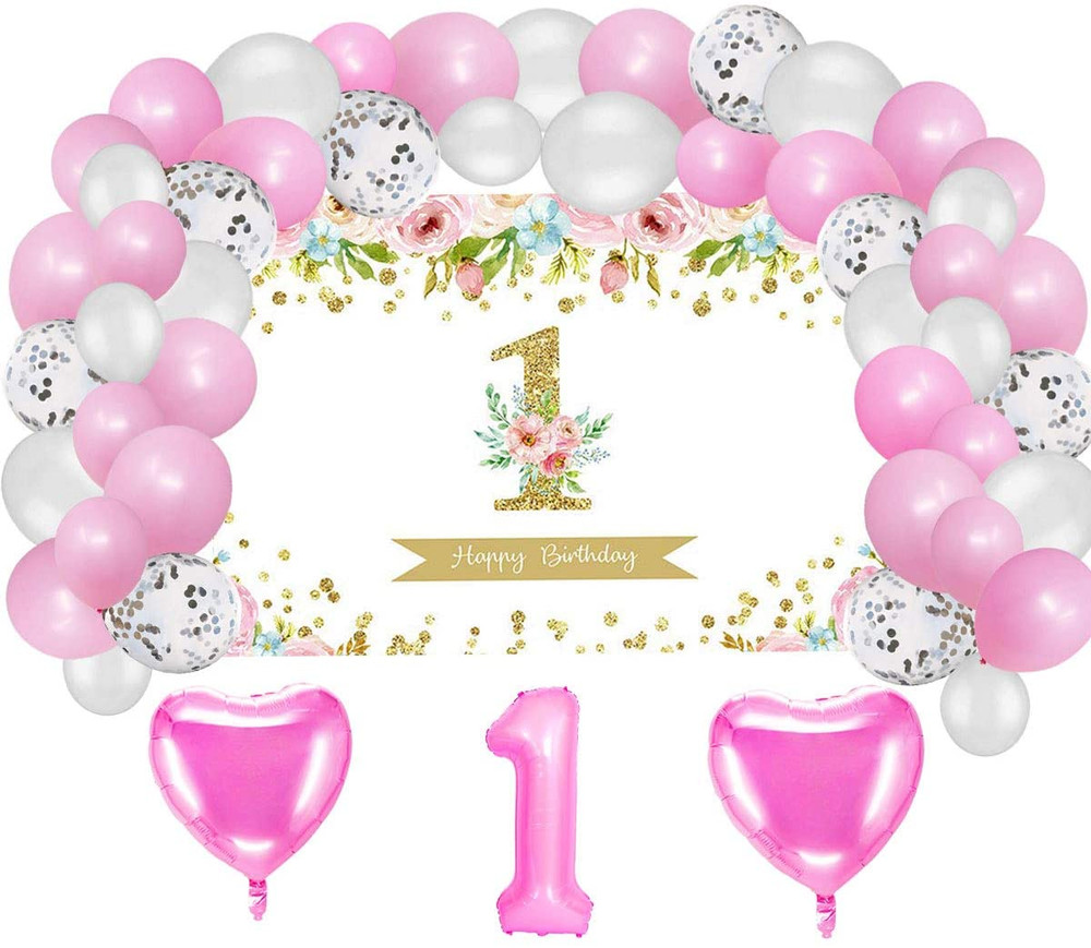 Girl First Birthday Party Supplies Decorations, Pink And Gold Backdrop Balloons