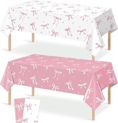 2Pcs Coquette Party Tablecloths Decorations,Pink and White Bow Plastic Table