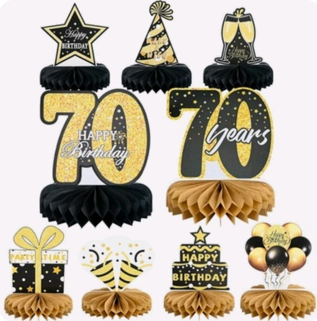 9Pcs 70th Happy Birthday Centerpieces, Black and Gold Decorations & Banner