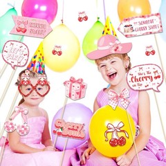 25 PCS Cherry Photo Booth Props Stick Pink Bow Selfie Birthday Party Supplies