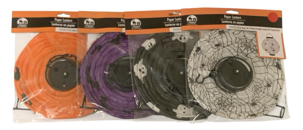 Halloween Hanging Paper Lanterns 8×8 Light Up Bats Ghosts Pumpkin Spiders 4PC