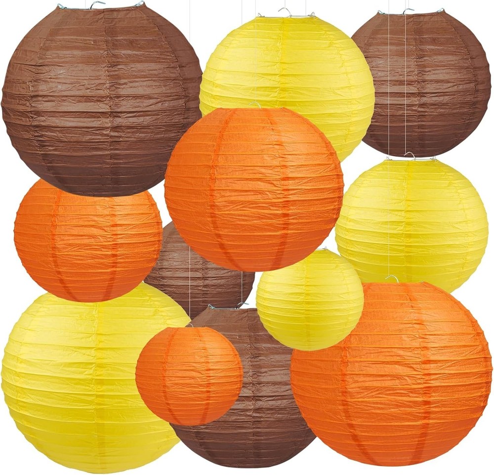 12 Pcs Fall Paper Lanterns, Yellow Orange Brown, Various sizes