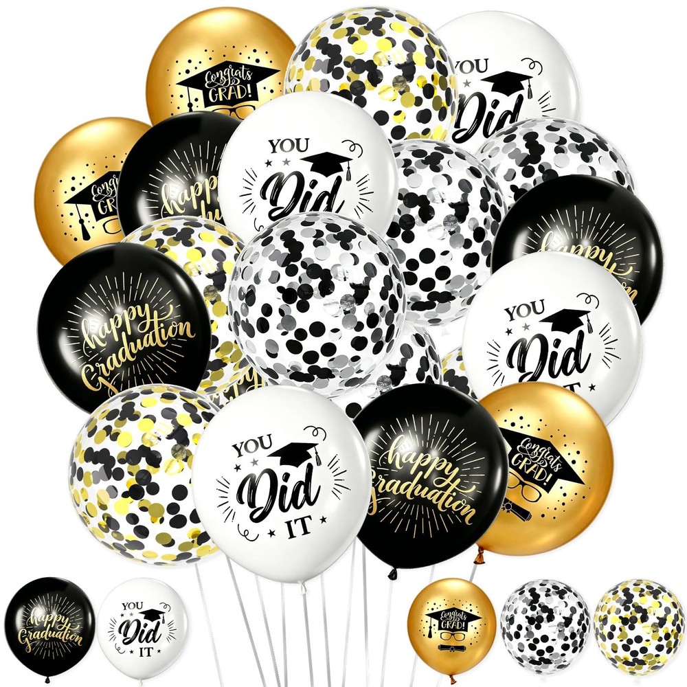 Graduation Balloons 2026, 61Pcs 12 Inch Black Gold Silver Confetti Balloons L…