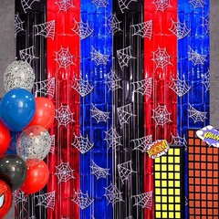 Red Black Blue Spider Web Fringe Curtains 2 Pack Photo Booth Backdrop