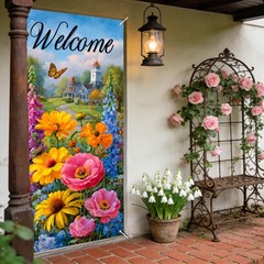Spring Door Covers Banner Welcome Cottage & Flower Design 35.4×70.86inches Po…