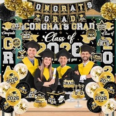 Class of 2026 Graduation Decorations Set – Black & Gold Banner, Backdrop, Balloo