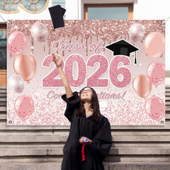 Pink Graduation Decorations Class of 2026, Pink Rose Gold Graduation Backdrop, C
