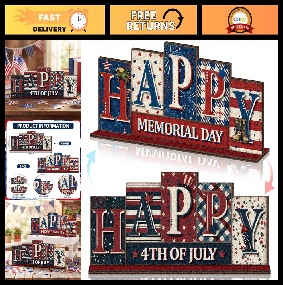 Reversible Patriotic Wooden Sign – 4th of July & Memorial Day Table Decor, Red W