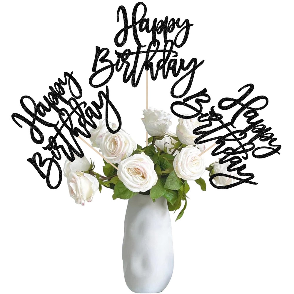 Black Glitter Double Sided Happy Birthday Table Centerpiece Topper Sticks 12PK