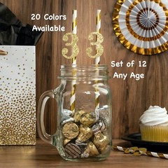 3rd Birthday Straws (SET OF 12) Glitter Birthday Decorations Favors (Any Age)